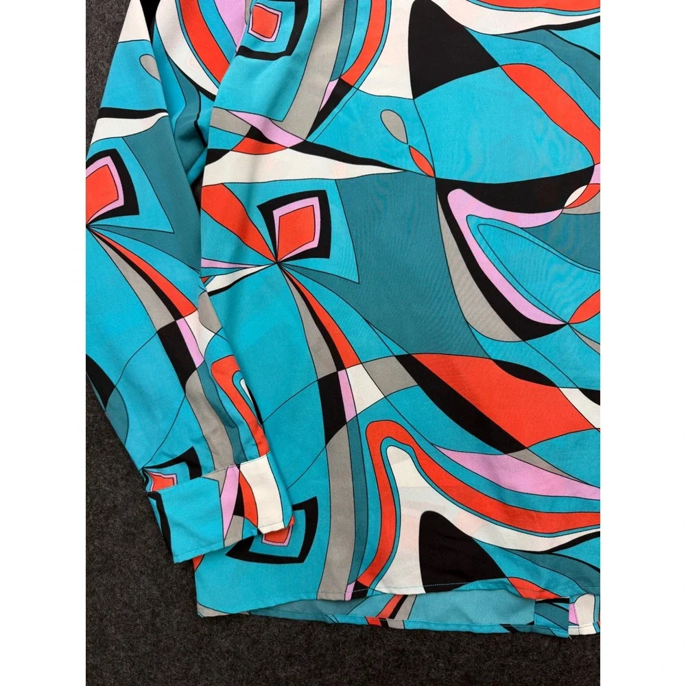 Michael Michael Kors Abstract Geometric Print Button Down Blouse Turquoise L - Picture 7 of 9